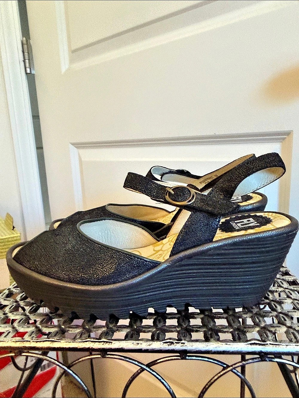 Fly London Wedge Sandals in Black Graphite 39